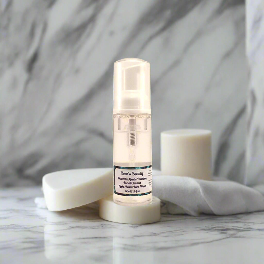 Fragrance Free Gentle Foam Facial Cleanser 60mL, Palm Free, Coconut Free Foaming Cleanser, Refillable Face Wash, Glass Refill